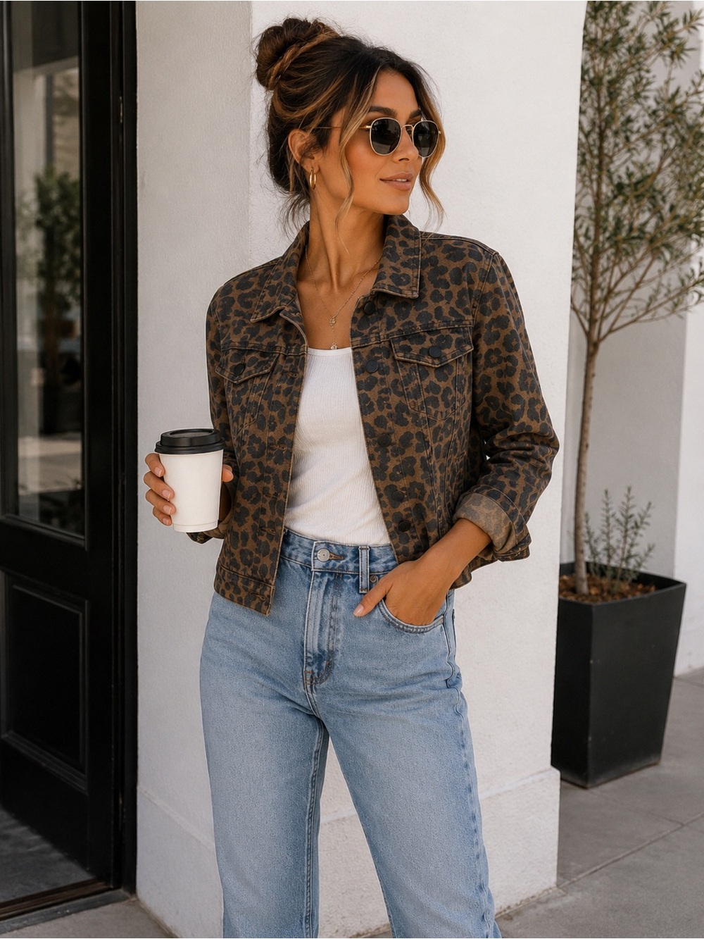 Elan Leopard-Print Jean Jacket‎ in Brown and Black